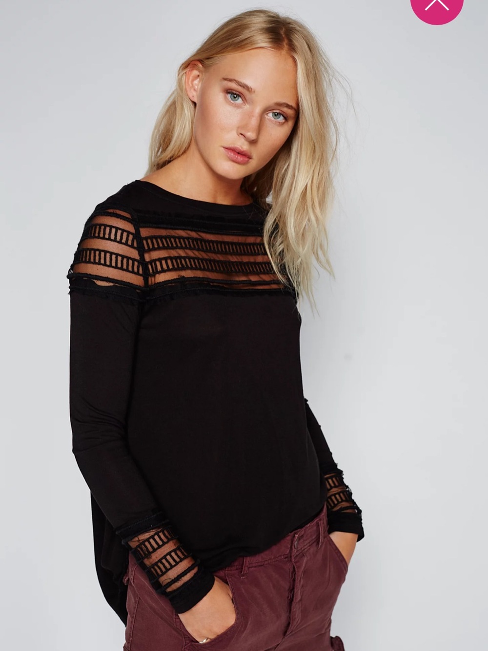Free People Black Long-Sleeve Top with Lace Detail